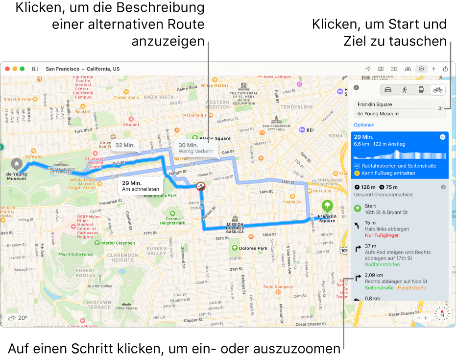 Eine Karte von San Francisco mit einer Fahrradroute, inklusive Höhenunterschied und Verkehrsaufkommen.