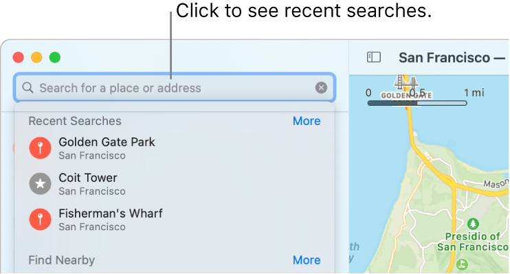 The search field in the upper left, with several recent searches shown below.