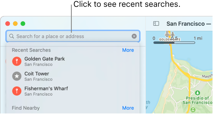 The search field in the upper left, with several recent searches shown below.