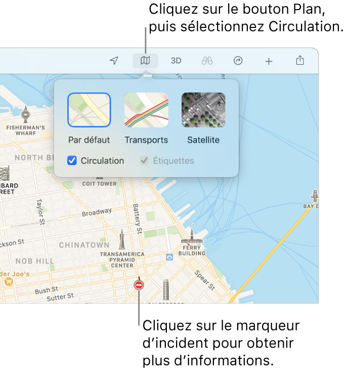 Un plan de San Francisco avec les optons du plan affichées, la case Circulation cochée, et les incidents de circulation sur le plan.