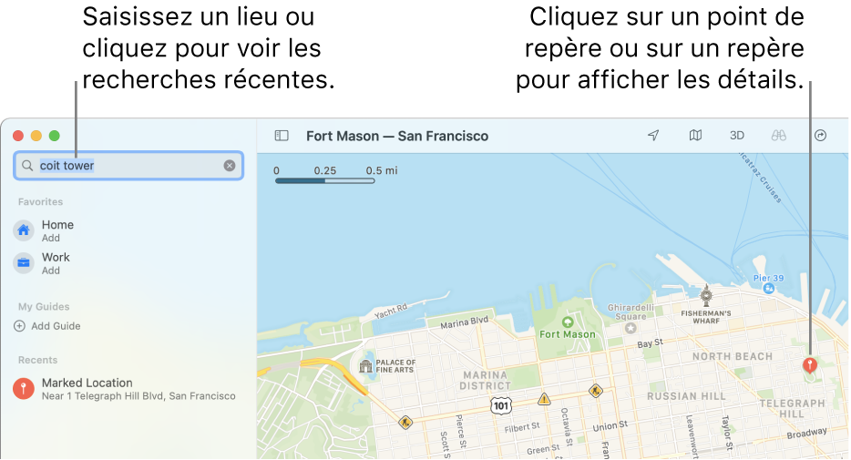 Saisissez un lieu dans le champ de recherche ou cliquez dessus pour afficher les recherches récentes. Cliquez sur un point de repère ou sur un repère pour afficher des détails.
