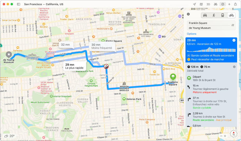 Un plan de San Francisco affichant un itinéraire à vélo, avec les informations relatives au dénivelé et à la circulation.