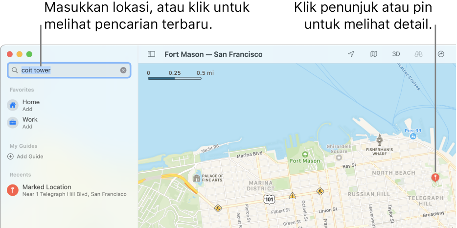 Masukkan lokasi di bidang pencarian atau klik bidang pencarian untuk melihat pencarian terbaru. Klik penanda atau pin untuk melihat detail.