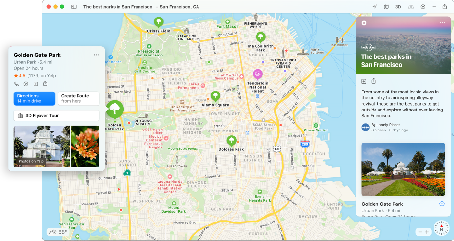 Una mappa di San Francisco. Attorno alla mappa, a destra e a sinistra, si trovano guide di viaggio e gastronomiche.