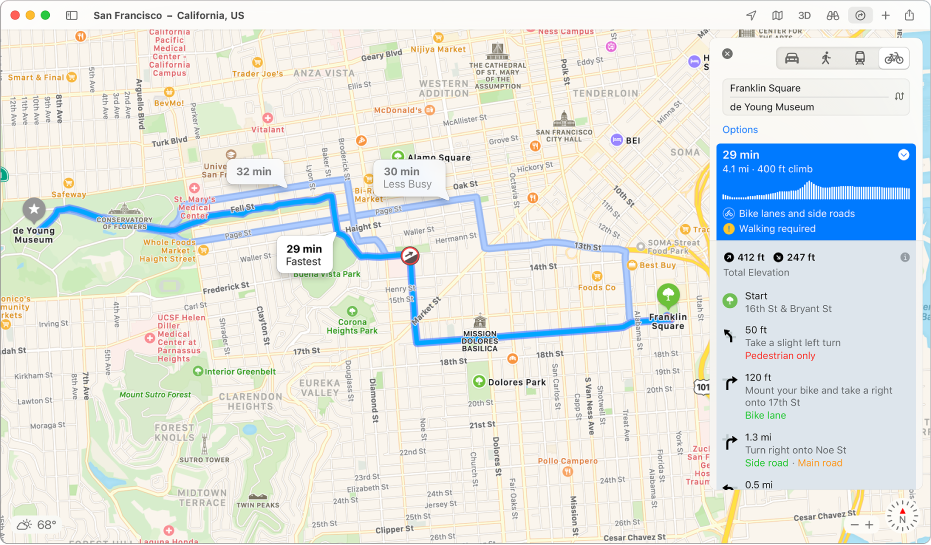 Una mappa di San Francisco con indicazioni per spostarsi in bici, inclusi dislivello e traffico.