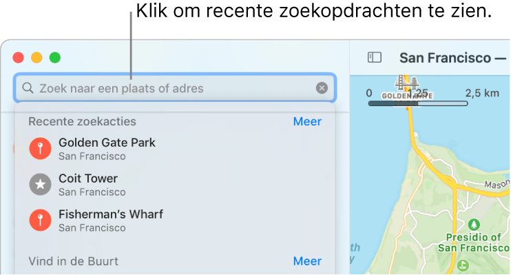 Het zoekveld linksboven met daaronder een aantal recente zoekacties.