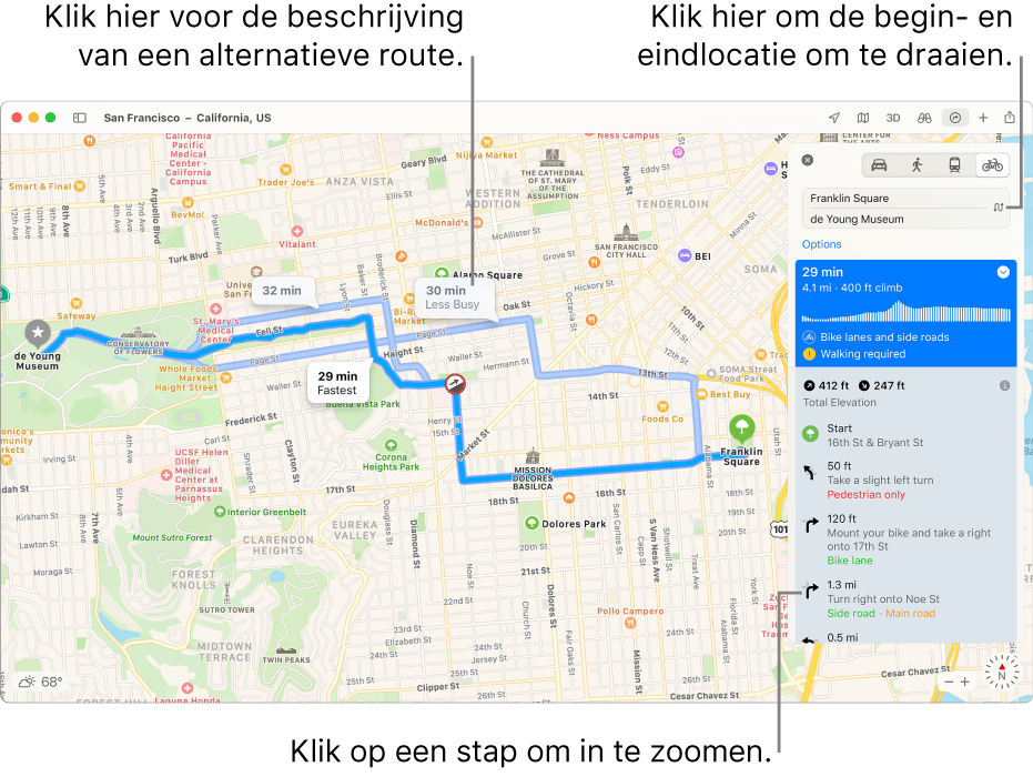 Een kaart van San Francisco met aanwijzingen voor een fietsroute die onder andere het hoogteverschil en verkeersinformatie bevat.