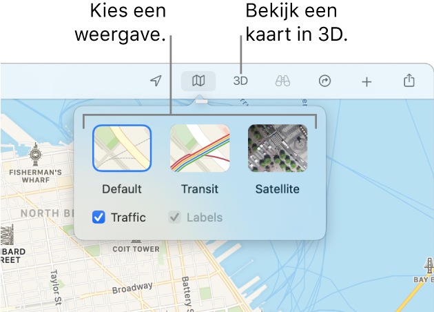 Een kaart van San Francisco met weergaveopties: 'Standaard', 'OV', 'Satelliet' en '3D'.