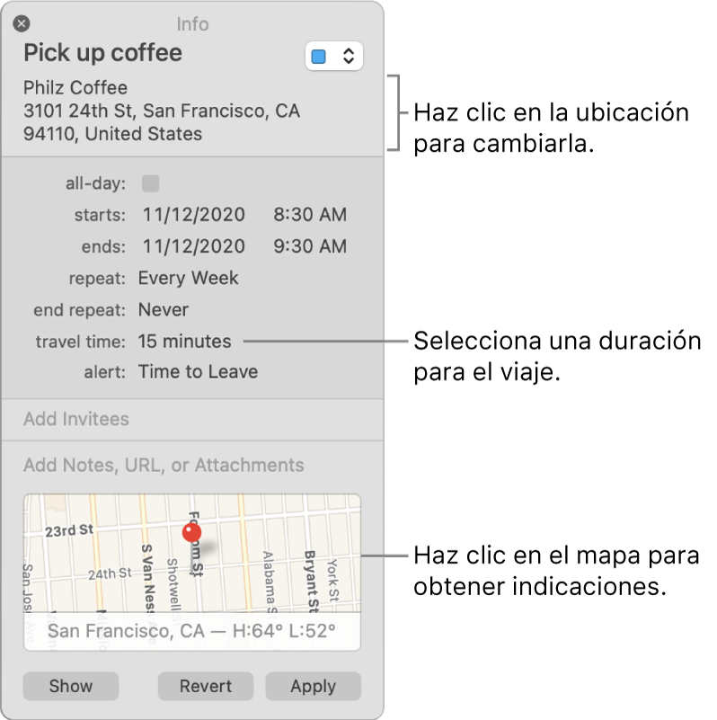Ventana de información de un evento, con el puntero sobre el menú desplegable "Duración del viaje". Selecciona una duración de viaje en el menú desplegable. Haz clic en la ubicación para cambiarla. Haz clic en el mapa para obtener indicaciones