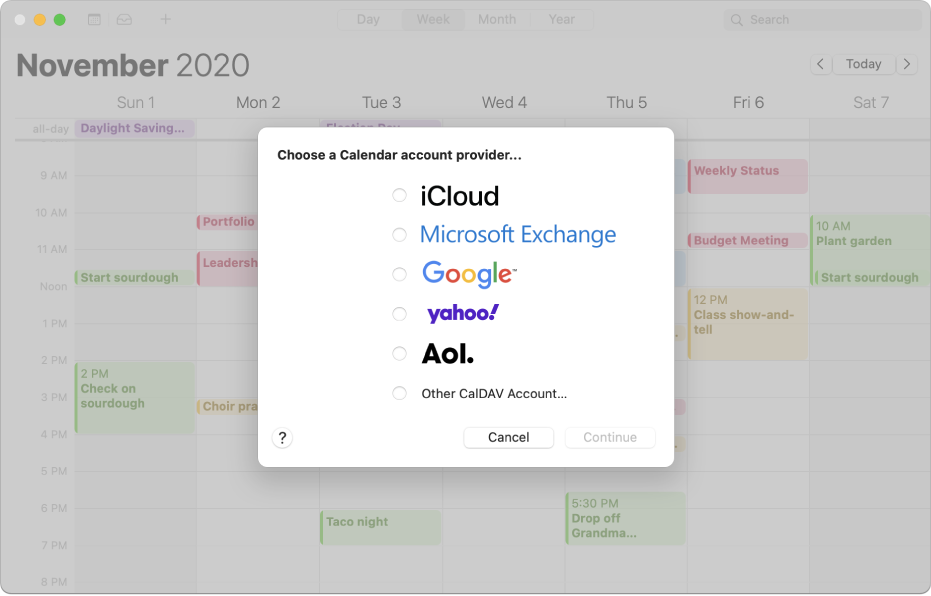 Una ventana de Calendario mostrando el panel "Agregar cuenta".