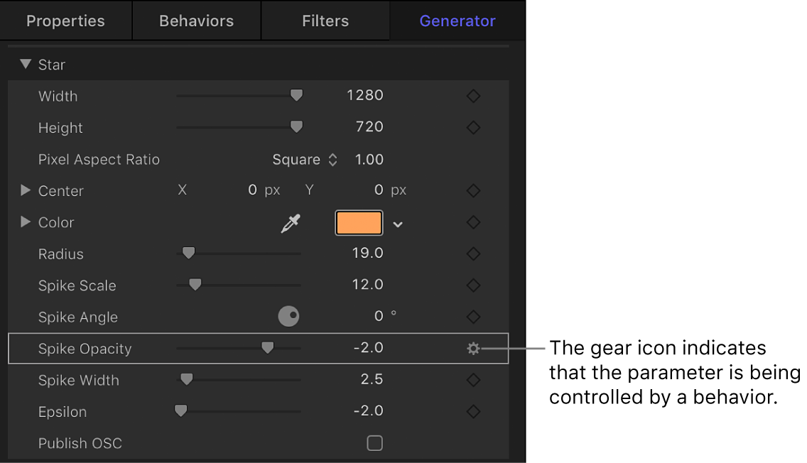 Informationsfenster „Generator“ mit dem Symbol für ein Verhalten neben dem Parameter „Deckkraft der Spitzen“