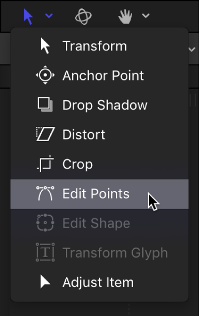 Selecting the Edit Points tool from the transform tools pop-up menu in the canvas toolbar