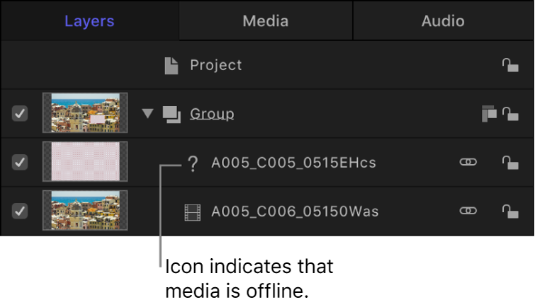 Lista Capas con un icono de contenido sin conexión
