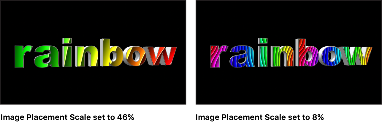 マップされたイメージの調整が80%に設定されている3Dテキストと、マップされたイメージの調整が22%に設定されている3Dテキストが表示されているキャンバス