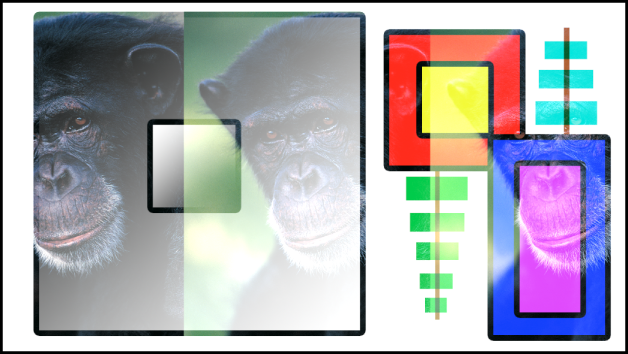キャンバスに、「加算」モードを使ってブレンドされたボックスと猿が表示されています