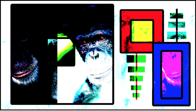 キャンバスに、「ハードミックス」モードを使ってブレンドされたボックスと猿が表示されています