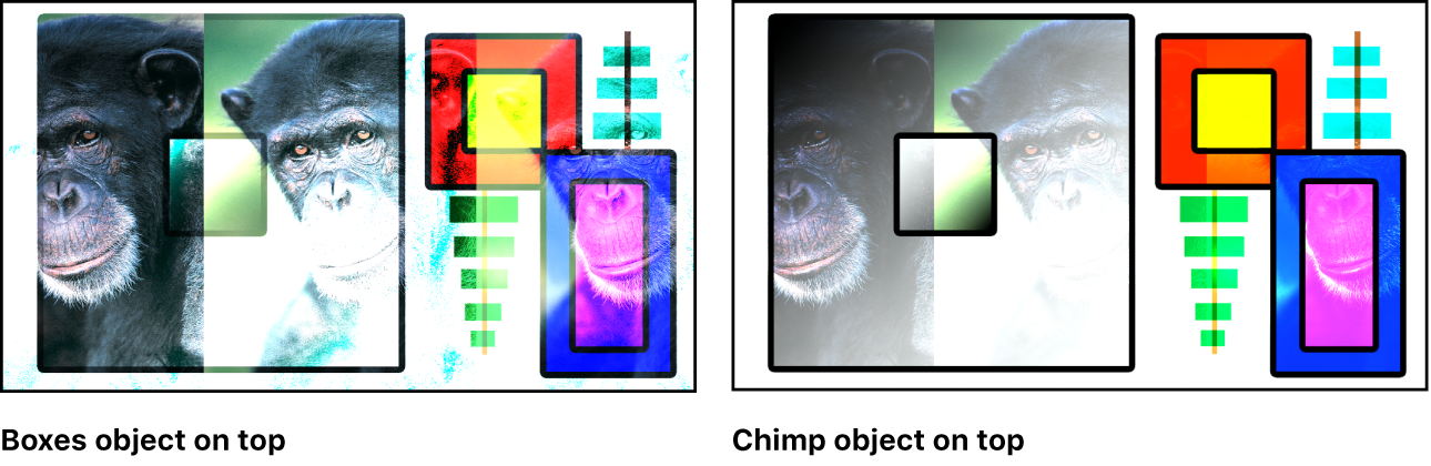キャンバスに、「カラードッジ」モードを使ってブレンドされたボックスと猿が表示されています