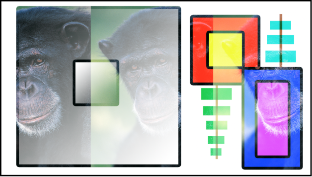 キャンバスに、「スクリーン」モードを使ってブレンドされたボックスと猿が表示されています