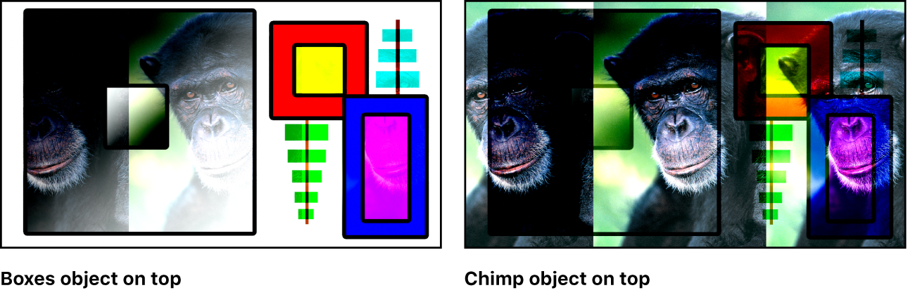 キャンバスに、「リニアライト」モードを使ってブレンドされたボックスと猿が表示されています