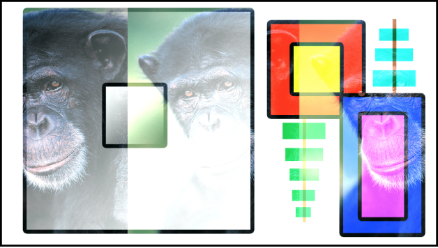 キャンバスに、「リニアドッジ」モードを使ってブレンドされたボックスと猿が表示されています