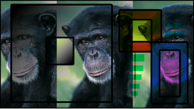 キャンバスに、「減光」モードを使ってブレンドされたボックスと猿が表示されています
