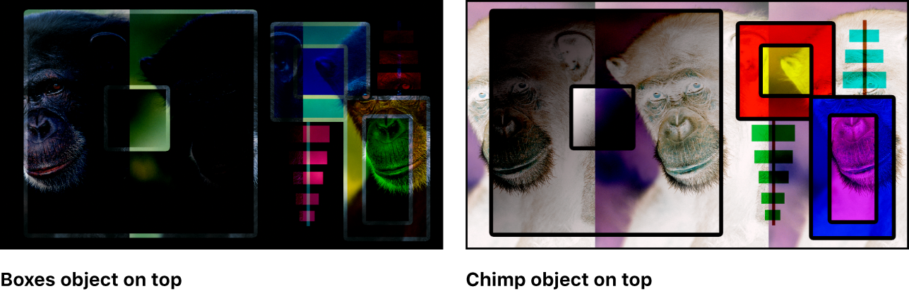 キャンバスに、「減算」ブレンドモードを使ってブレンドされたボックスと猿が表示されています