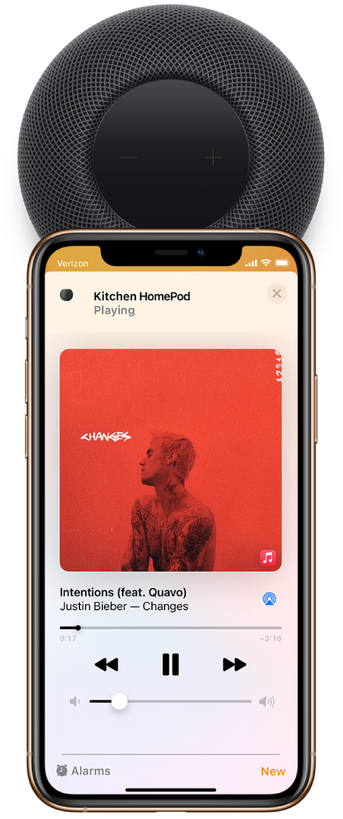 On an iPhone’s screen, a song is playing. The iPhone is close to the top of HomePod, and an alert says that the song is transferring to HomePod.