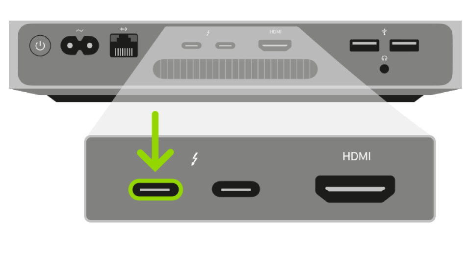 Apple Silicon을 탑재한 Mac mini의 뒷면이 있고 두 개의 Thunderbolt 3(USB-C) 포트가 자세한 이미지로 표시되어 있으며 가장 왼쪽 포트가 하이라이트됨.