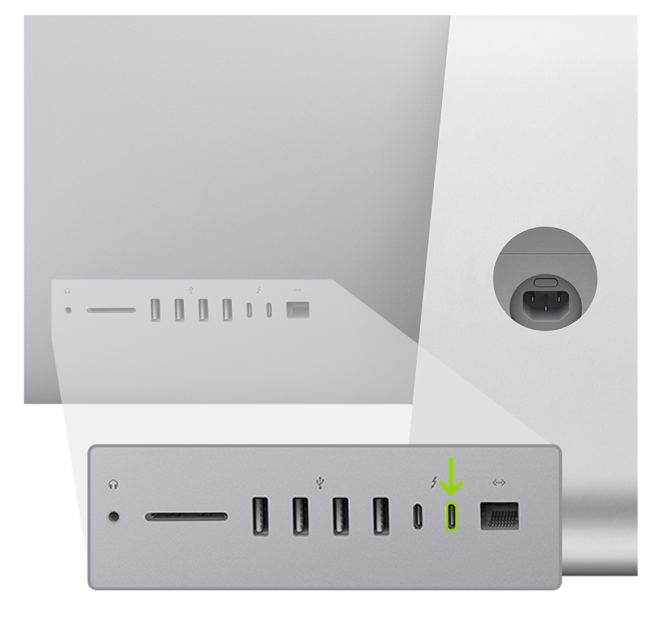 iMac(2020년)의 뒷면에 Thunderbolt 3(USB-C) 포트 두 개가 있고 가장 오른쪽의 포트가 하이라이트됨.
