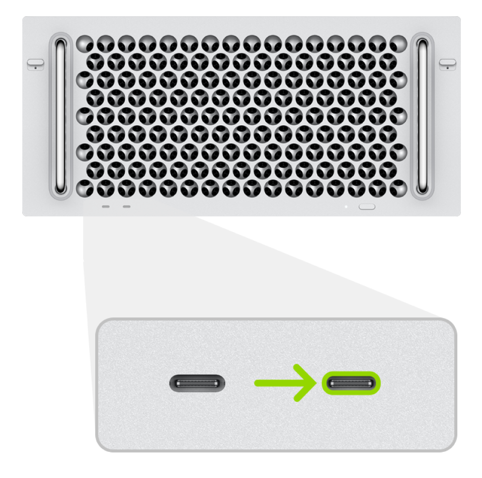 랙 마운트 Mac Pro(2019년)의 뒷면에 Thunderbolt(USB-C) 포트 두 개가 있고 맨 오른쪽 포트가 하이라이트됨.