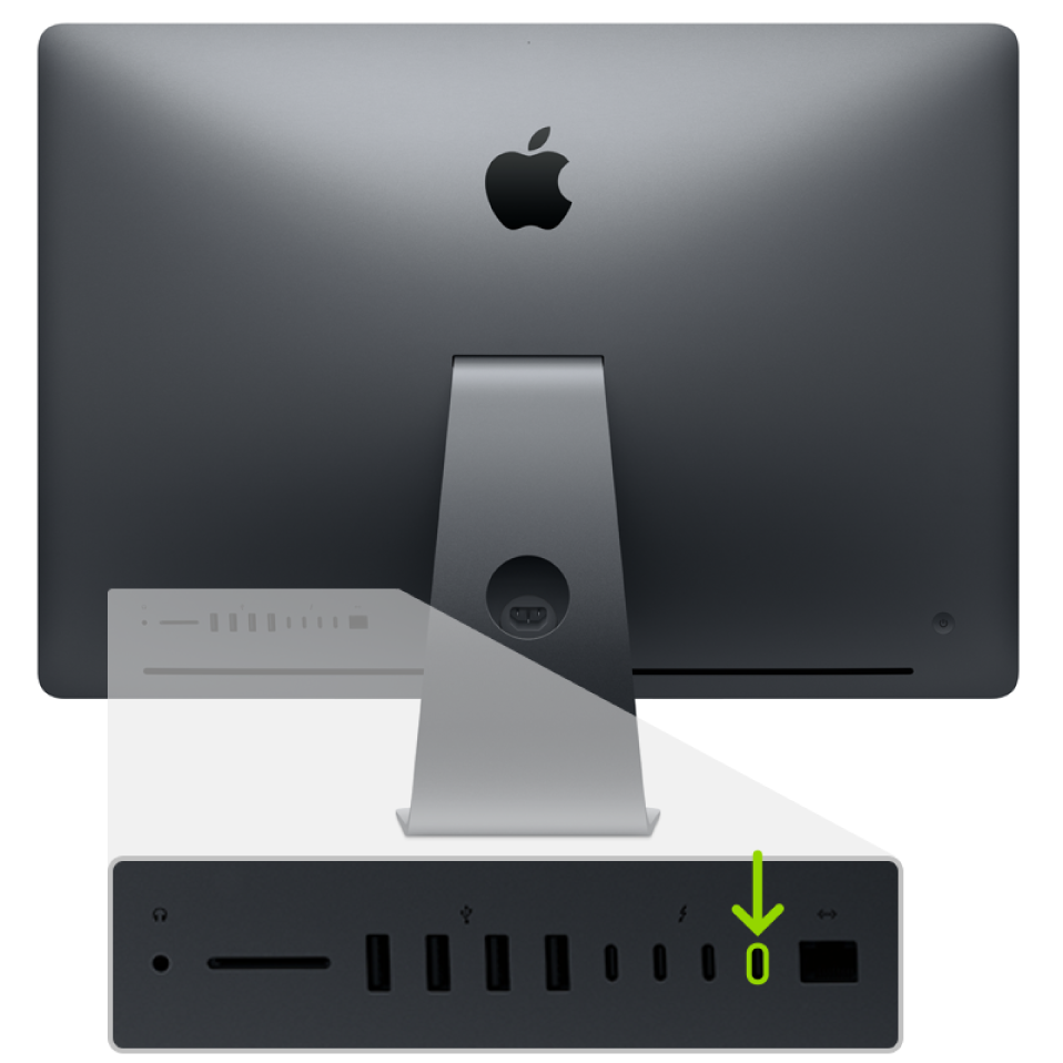 iMac Pro 的背面顯示四個 Thunderbolt 3（USB-C）埠，最右邊的埠已醒目標示。