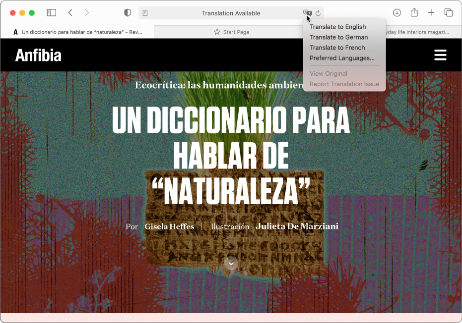 A Spanish-language webpage. The Smart Search field includes a Translate button and shows a list of available languages.