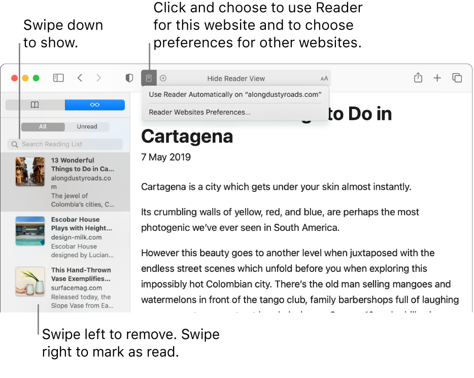A Safari window with a Reading List displayed.