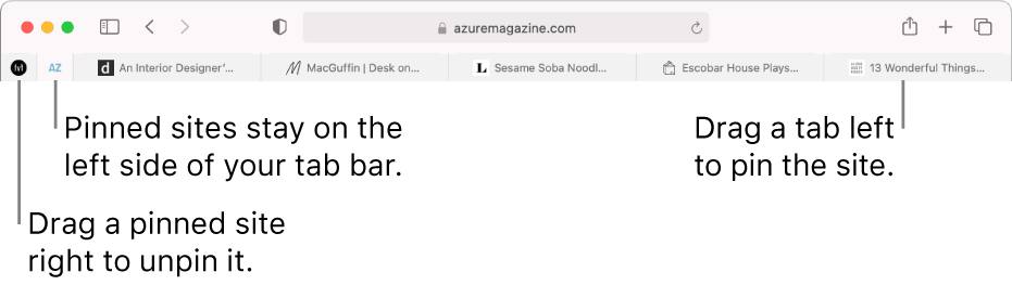 Pinned sites in the Safari tab bar.