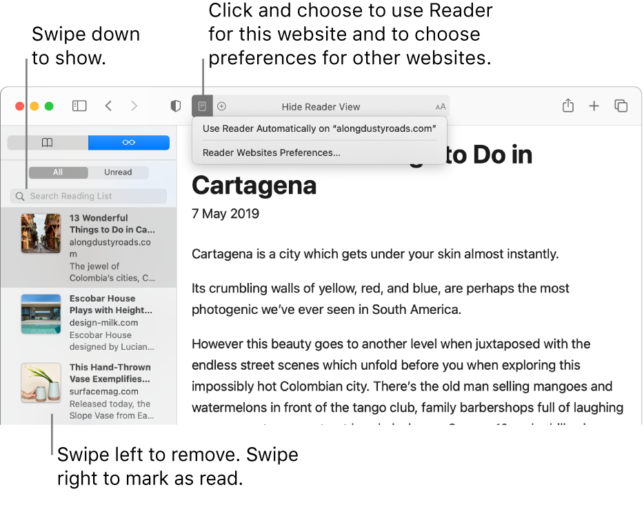 A Safari window with a Reading List displayed.