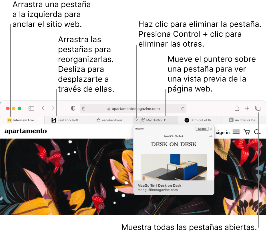 Ventana de Safari con varias pestañas abiertas, con el puntero sobre una pestaña y una vista previa de la página web.