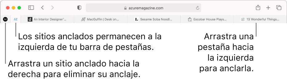Sitios anclados en la barra de pestañas de Safari.