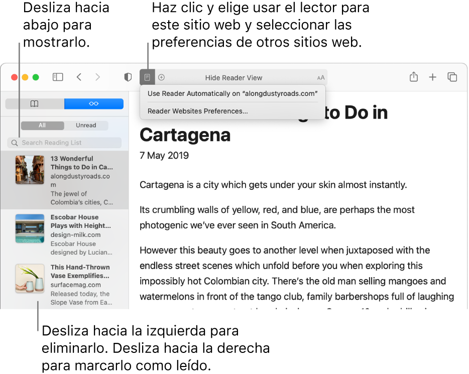 Ventana de Safari donde se muestra una lista de lectura.