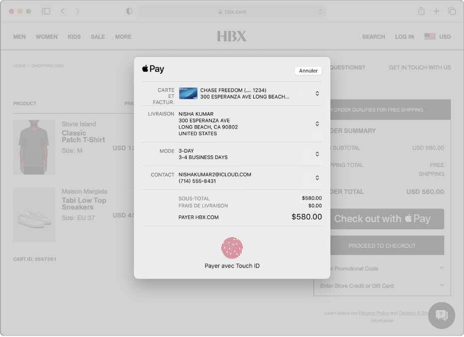 Un site d’achat populaire qui autorise Apple Pay, et les détails de votre achat, notamment la carte de crédit facturée, les informations de livraison, les informations sur la boutique et le prix d’achat.