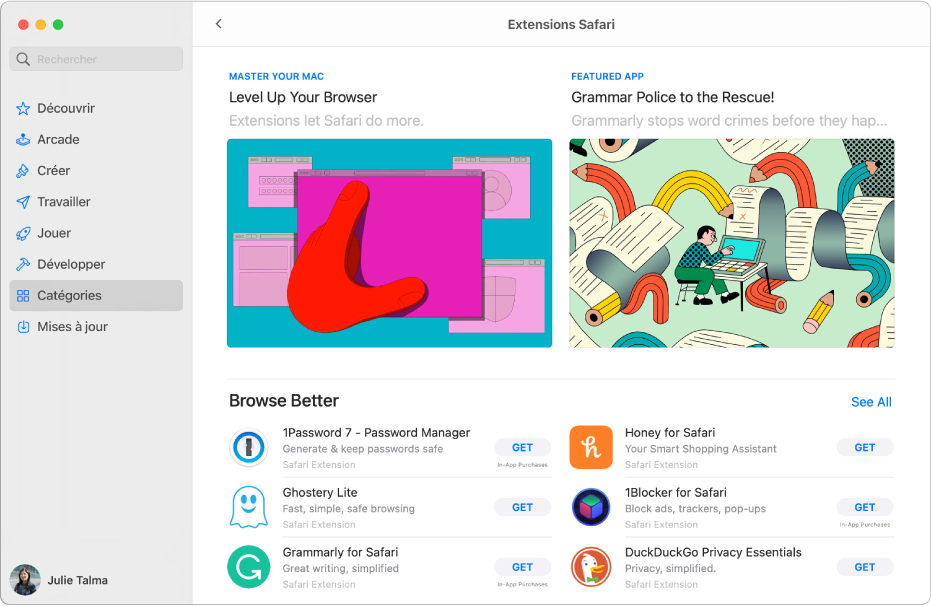 Page principale du Mac App Store. La barre latérale de gauche contient des liens vers différentes parties du Store, comme Arcade et Créer. Catégories est sélectionné. La catégorie des extensions Safari se trouve à droite.