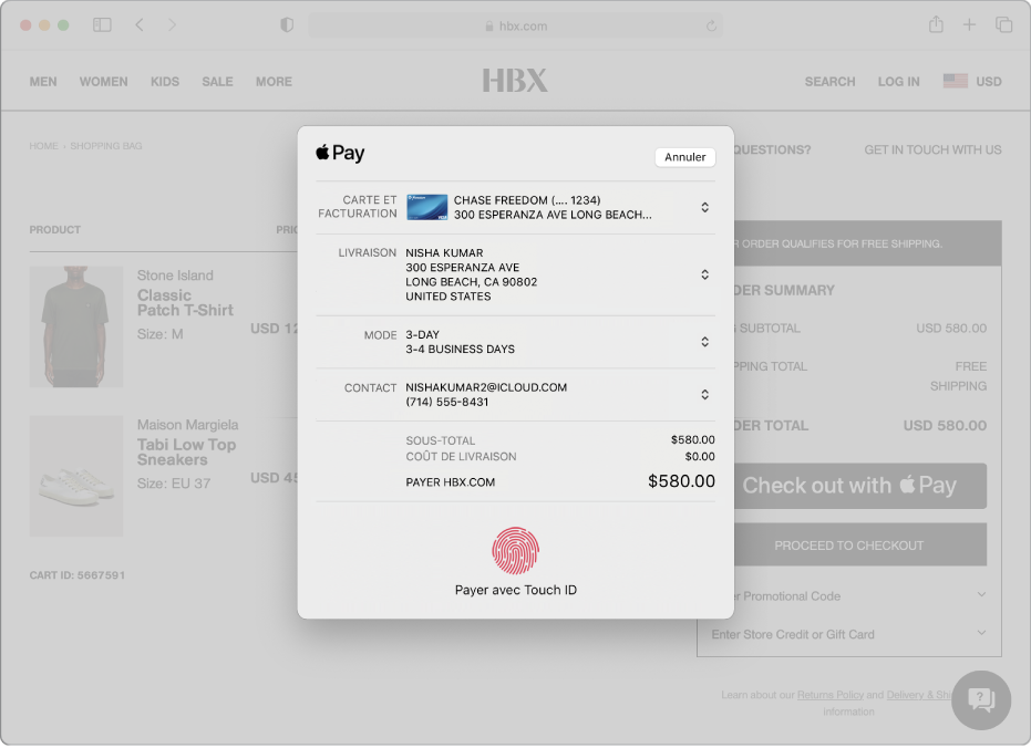 Un site d’achat populaire qui autorise Apple Pay, et les détails de votre achat, notamment la carte de crédit facturée, les informations de livraison, les informations sur la boutique et le prix d’achat.