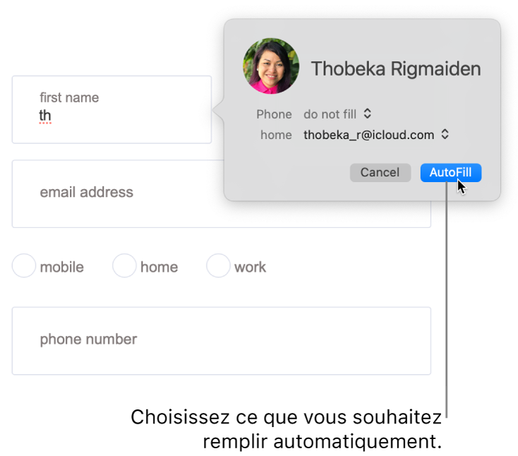 Un formulaire d’expédition avec une fiche de contact affichée et la fonction Remplissage automatique disponible.