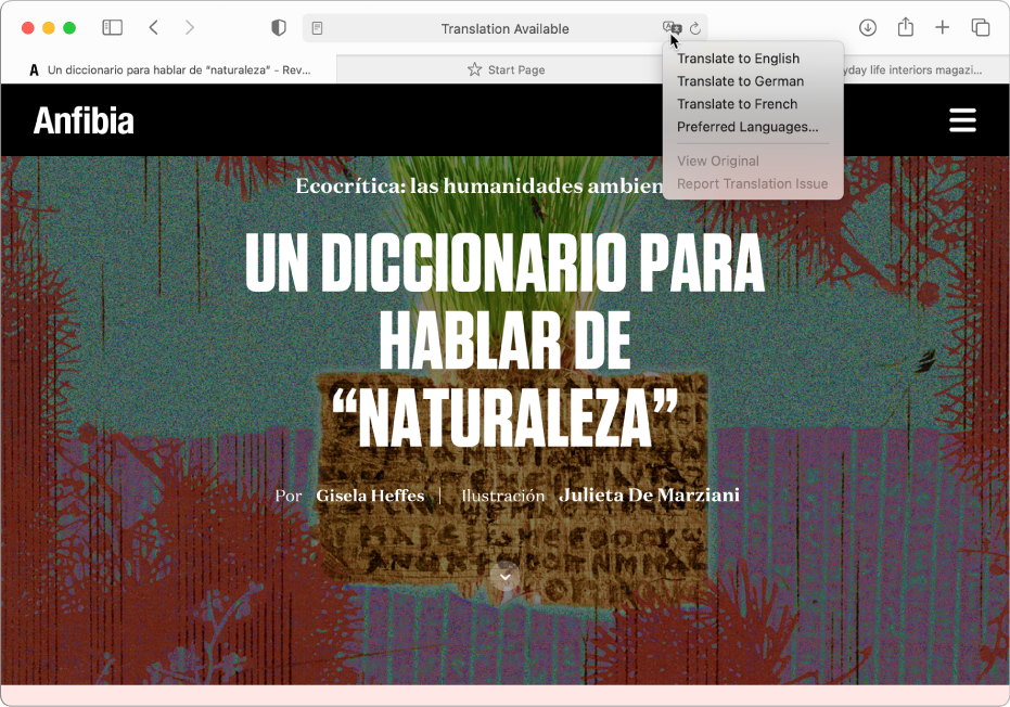 Spanyol nyelvű weboldal. Az intelligens keresési mező a Fordítás gombbal és az elérhető nyelvek listájával.