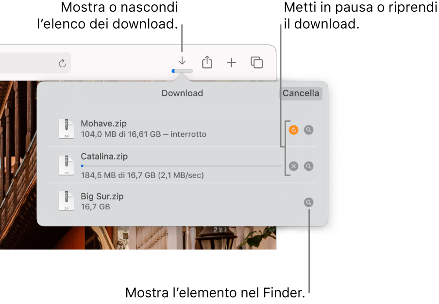 Il pulsante Download nella barra degli strumenti, con l'elenco dei download sotto di esso.