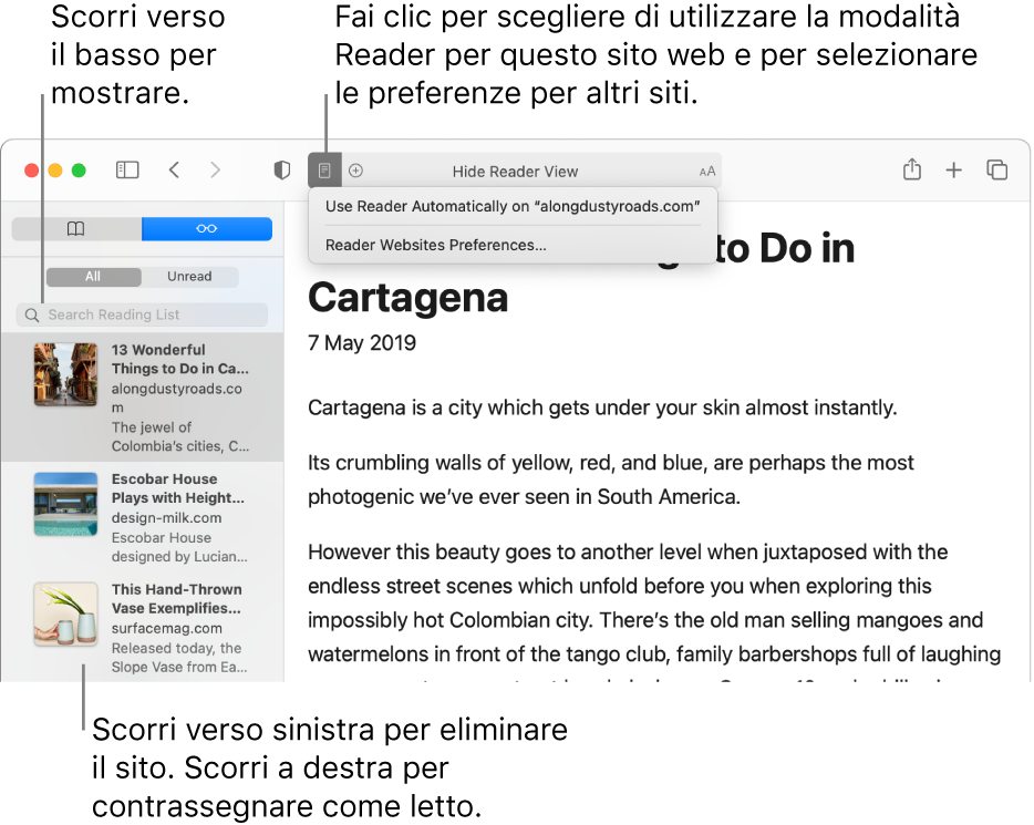 Una finestra di Safari con “Elenco lettura”.