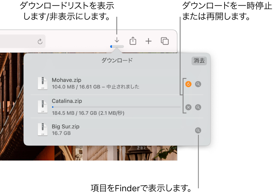 ツールバーの「ダウンロード」ボタンと、その下のダウンロードリスト。
