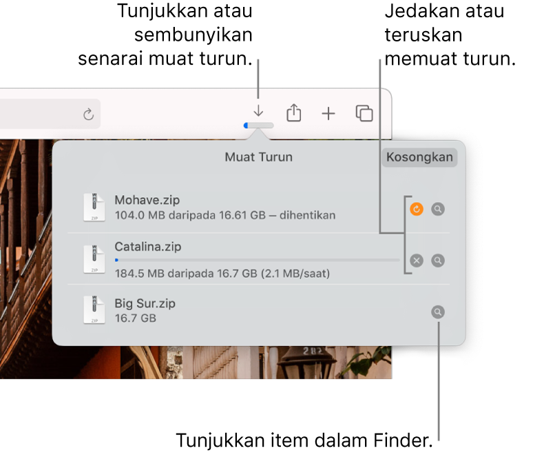 Butang Muat Turun dalam bar alat, dengan senarai muat turun di bawahnya.