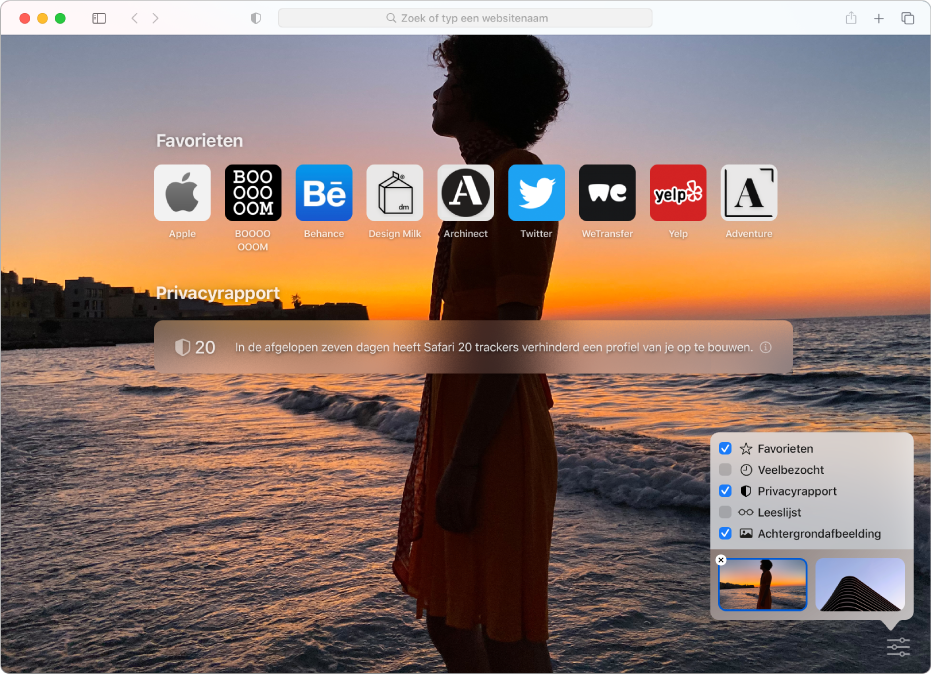De startpagina van Safari met favoriete websites, een samenvatting van het privacyrapport en aanpassingsopties.