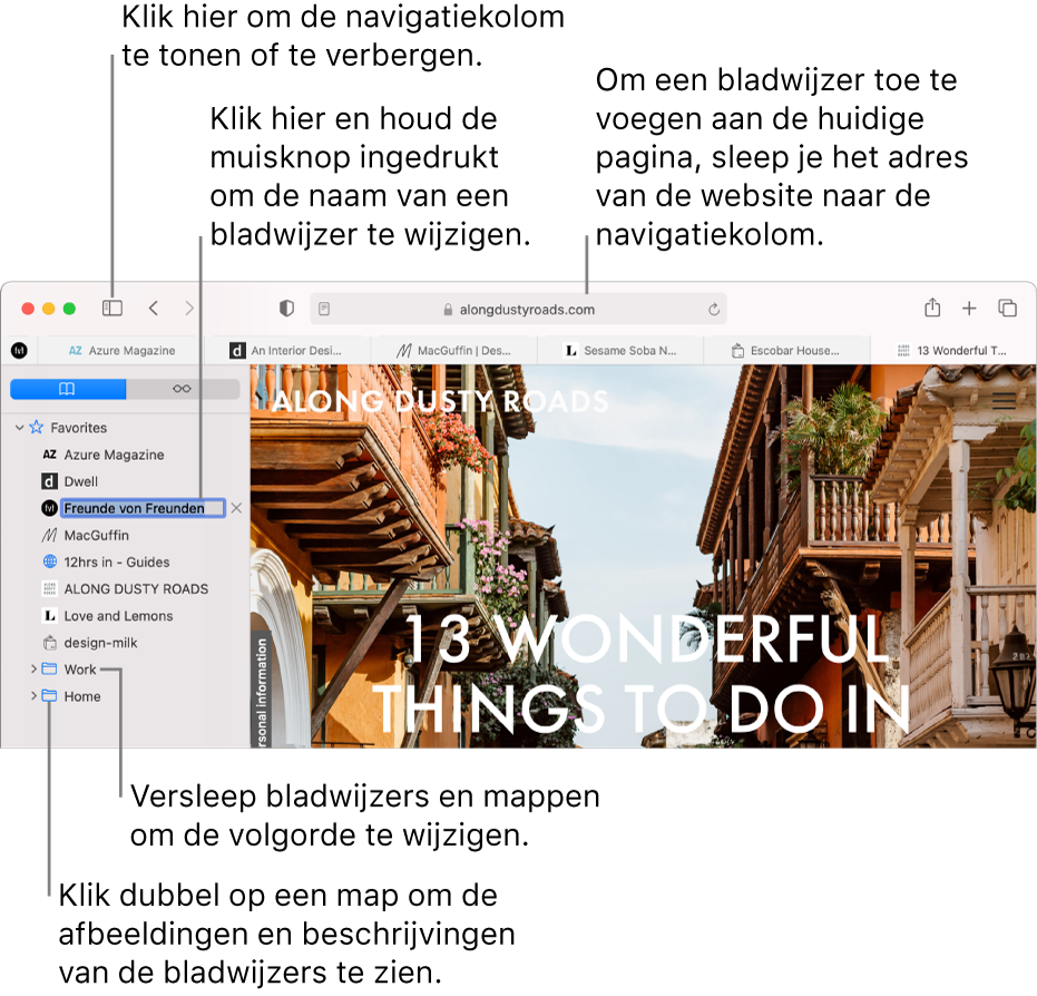 Een Safari-venster met bladwijzers in de navigatiekolom, waarvan één bladwijzer is geselecteerd om te worden gewijzigd.