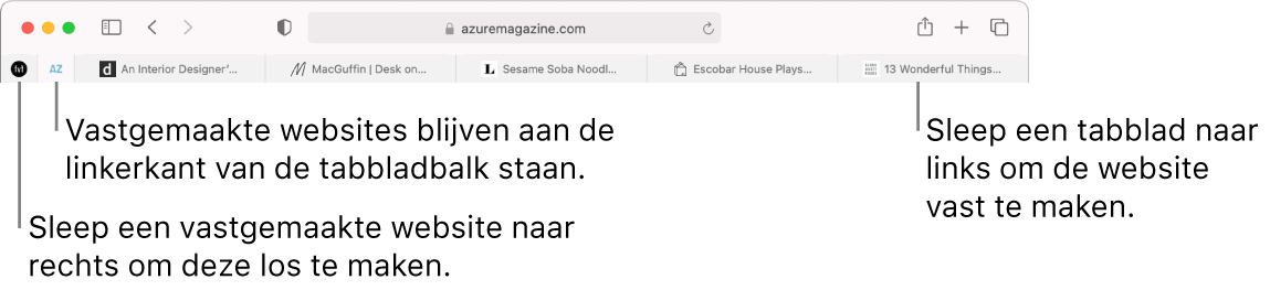 Vastgemaakte websites in de tabbladbalk van Safari.
